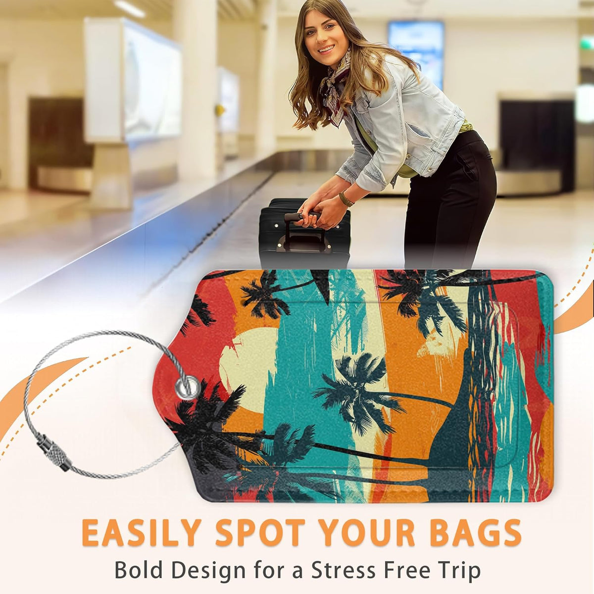 Abstract Beach 3 Pack Luggage Tags for Suitcases, Colorful Tropical Palm Tree Sunset PU Leather Luggage Tag for Travel, Bag Tags with Privacy Name ID Card and Steel Loop for Women Men