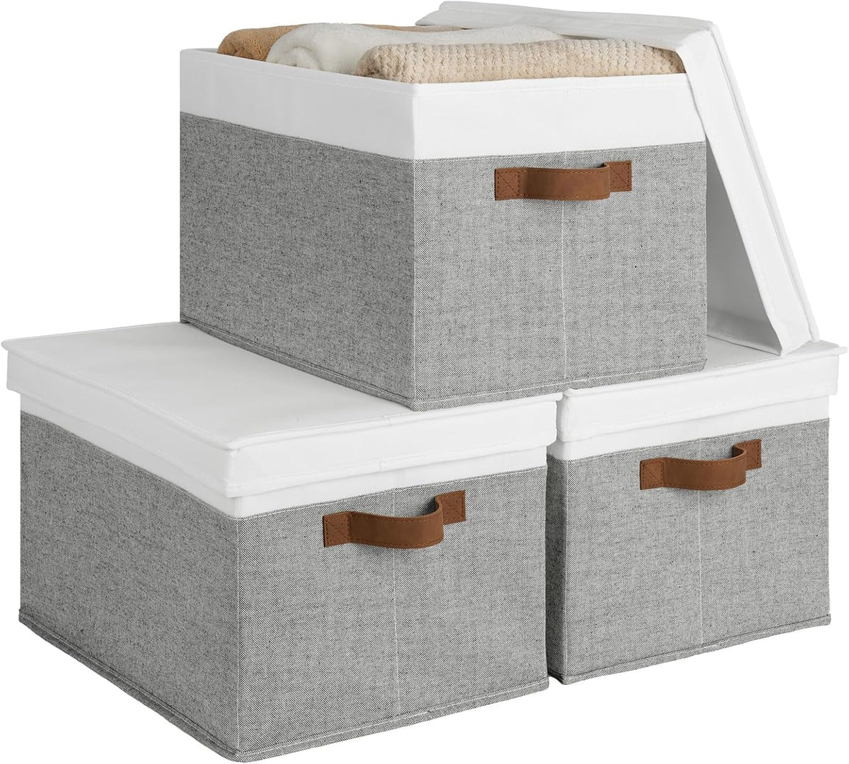 StorageWorks Storage Bins with Lids, Decorative Storage Boxes with Lid and PU Handles, Foldable Storage Baskets for Closet, Shelves, Stackable, Gray and White, Jumbo, 3-Pack