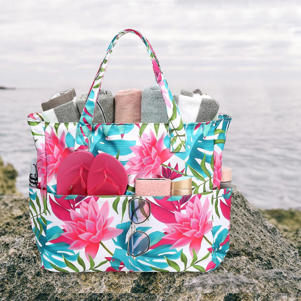 LEDAOU Large Beach Tote Bag Women Waterproof Sandproof Zipper Beach Tote Bag for Pool Gym Grocery Travel with Wet Pocket