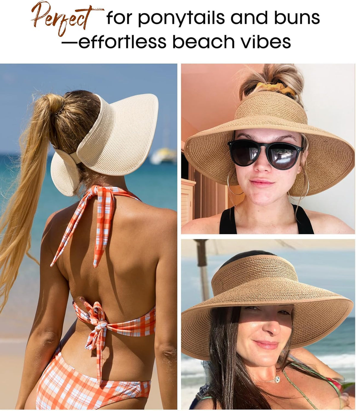 Womens Sun Visor Hats Wide Brim Straw Beach Hat UV Protection Ponytail Packable Beach Vacation Essentials
