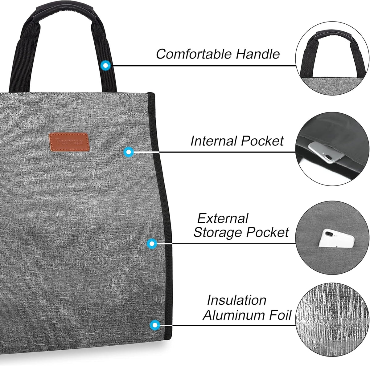 Lunch Bags for Women Insulated Reusable Lunch Tote with Internal Pocket, Lunch Tote bag for Work (Grey