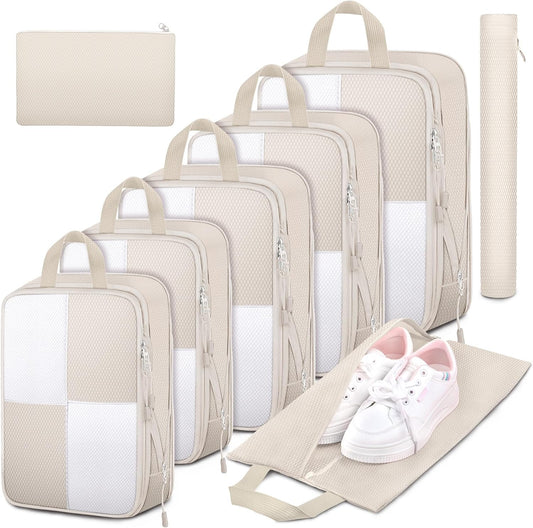 8 Set Compression Packing Cubes Travel, Lightweight Expandable Travel Cubes Suitcase Organizer for Carry On Luggage Suitcase, Beige
