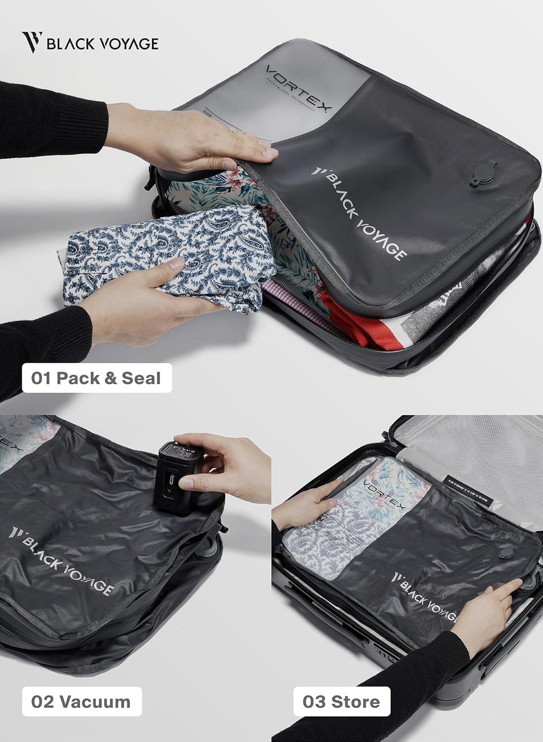 Black Voyage Reusable Vacuum Compression Travel Bag for Carry-On Suitcase and Backpack, Recycled IP67 Waterproof Space Saver Airback Vacpack (1-Pack, 21L - Pump Included)