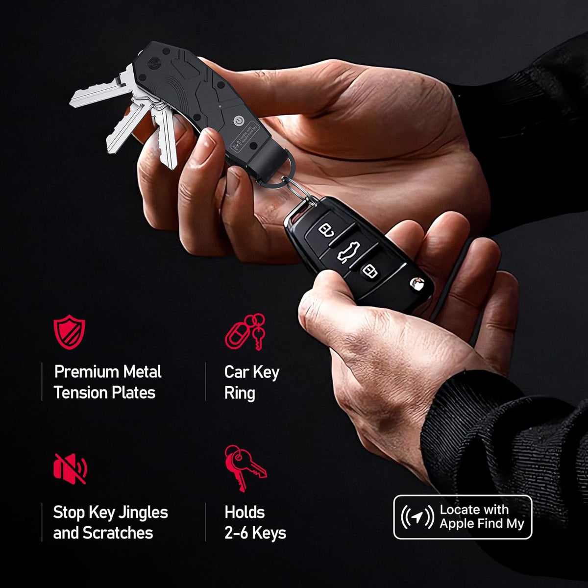 Air Keychain, Key Organizer Works with Apple Find My, Built-in airtag Chips, Holds 2-6 Keys, Car Key Chains with GPS Tracker, Key Finder, Minimalist Key Holder for Men and Women, (iOS Only) (Black)