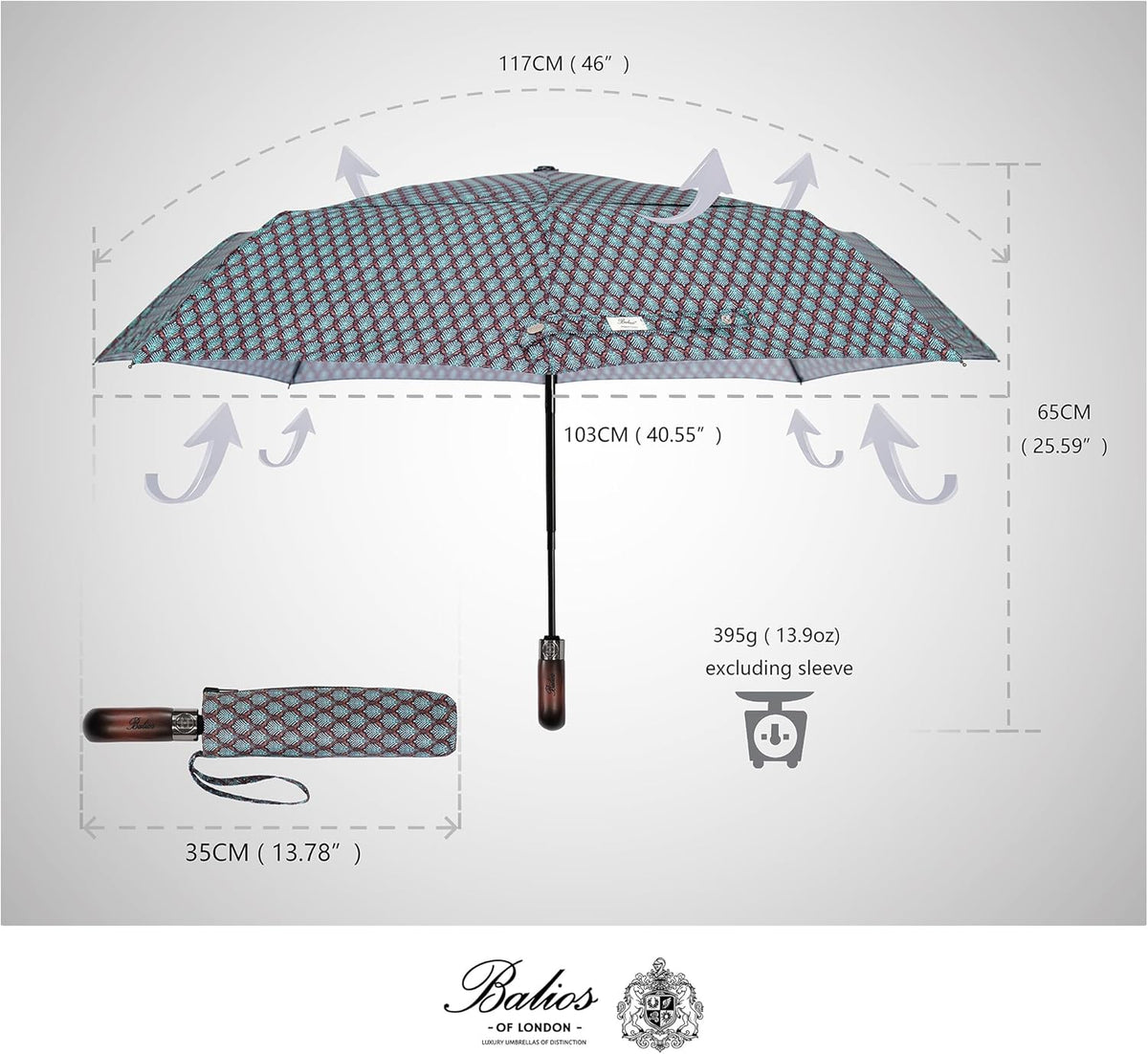 Balios Travel Folding Umbrella with Real Wood Handle Auto Open Close Vented Windproof Canopy - Designed in UK