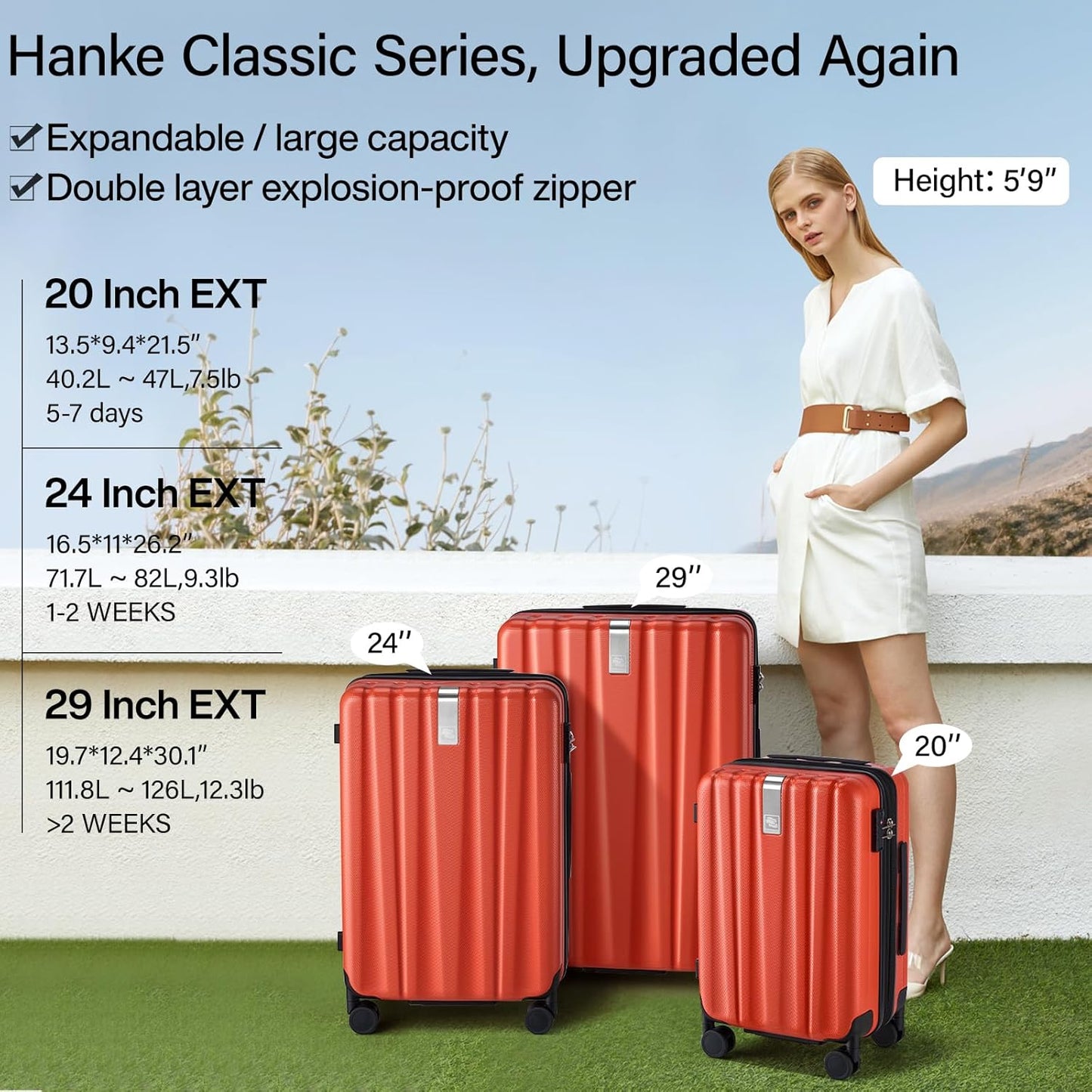 Hanke 24 Inch Expandable Checked Luggage Lightweight PC Hard Case Luggage Suitcases with Wheels TSA Luggage Rolling Large Suitcase Travel Luggage Bag for Go to University(Orange)