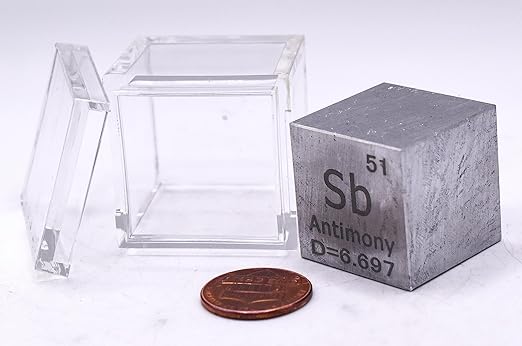 1" 25.4mm Antimony Metal Cube Sb up to 99.9% Pure Periodic Table Element Engraved Density Collection Science Education Display Block Cube + Acrylic Case Box - 1PC