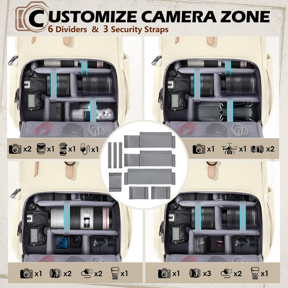 RAINSMORE Camera Bag Backpack for DSLR/SLR Mirrorless 15.6 Inch Laptop Camera Back Pack for Photographers Anti-Theft Photography Bags Case with Tripod Holder & Rain Cover, Beige