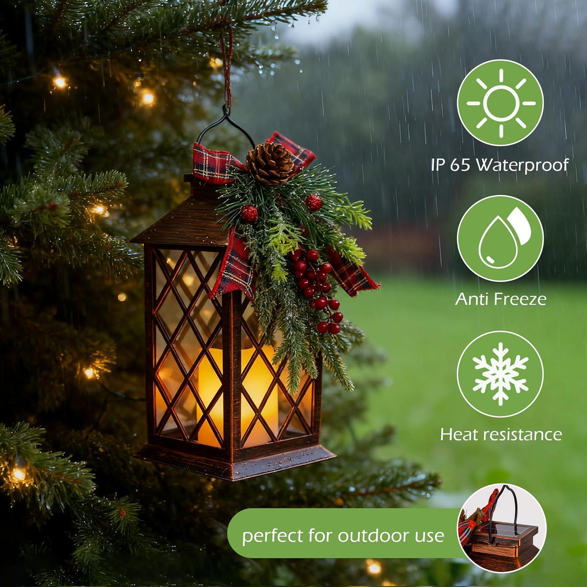 Christmas Solar Lanterns Outdoor, Waterproof Garden Hanging Lanterns, 13" Outdoor Christmas Decorative Lantern with LED Flickering Flameless Candles, Solar Lantern for Porch Yard Patio Decor