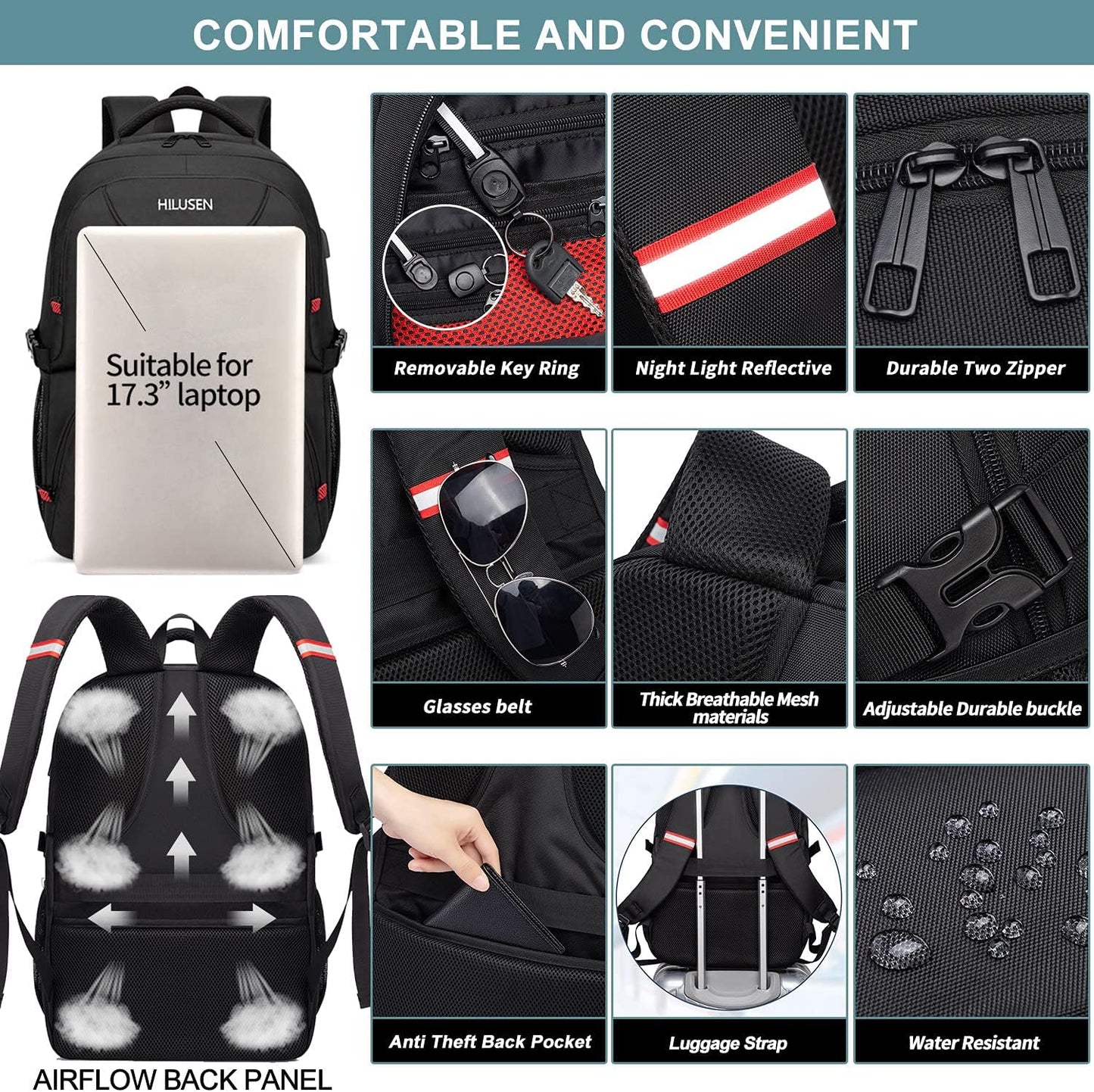 HILUSEN Extra Large Backpack for Men 50L, Insulated Cooler Lunch Box Backpack, Water Resistant 17inch Travel Laptop Work Bookbag with USB Charging Port,Black