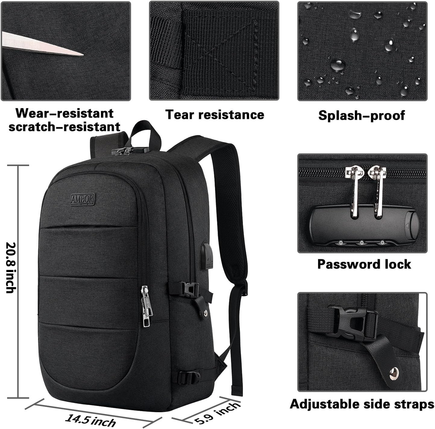 AMBOR Travel Laptop Backpack,18.4 inch Anti Theft Business Laptop Carry on Backpack with USB Charging Port and Headphone Interface, Backpack for Men & Women,Black