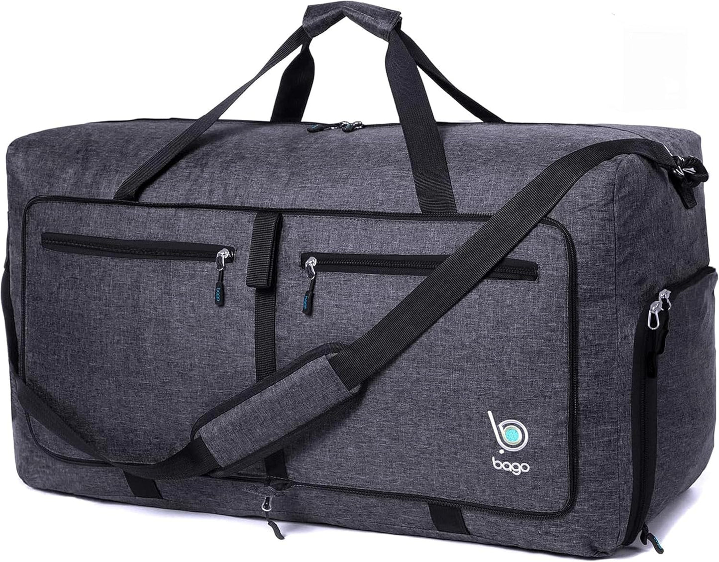 Bago Foldable Duffel Bags for Traveling Women & Men - 60L Medium Packable Duffle Bag for Travel with Shoe Compartment - Water Repellant, Heavy Duty, Lightweight Folding & Collapsible (SnowBlack)