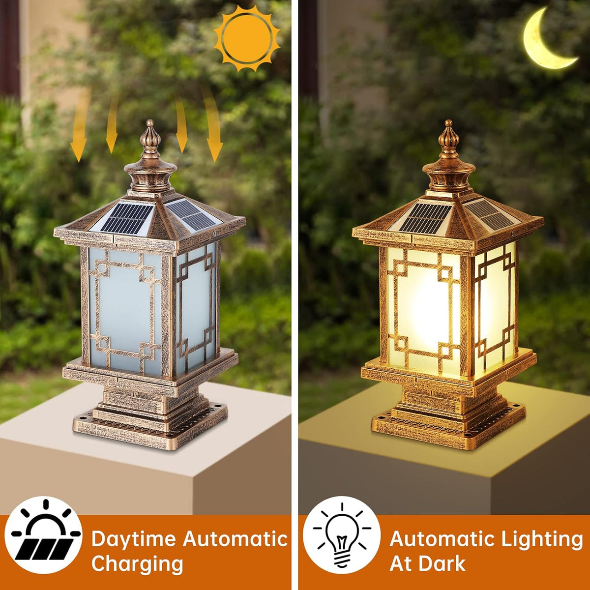 LED Solar Post Light Outdoor, Aluminum Fence Post Cap Lamp Remote Control Dimmable Pillar Lights Solar IP65 Waterproof Column Light, 15.7" X 7.3" Pillar Pedestal Lantern for Garden Yard