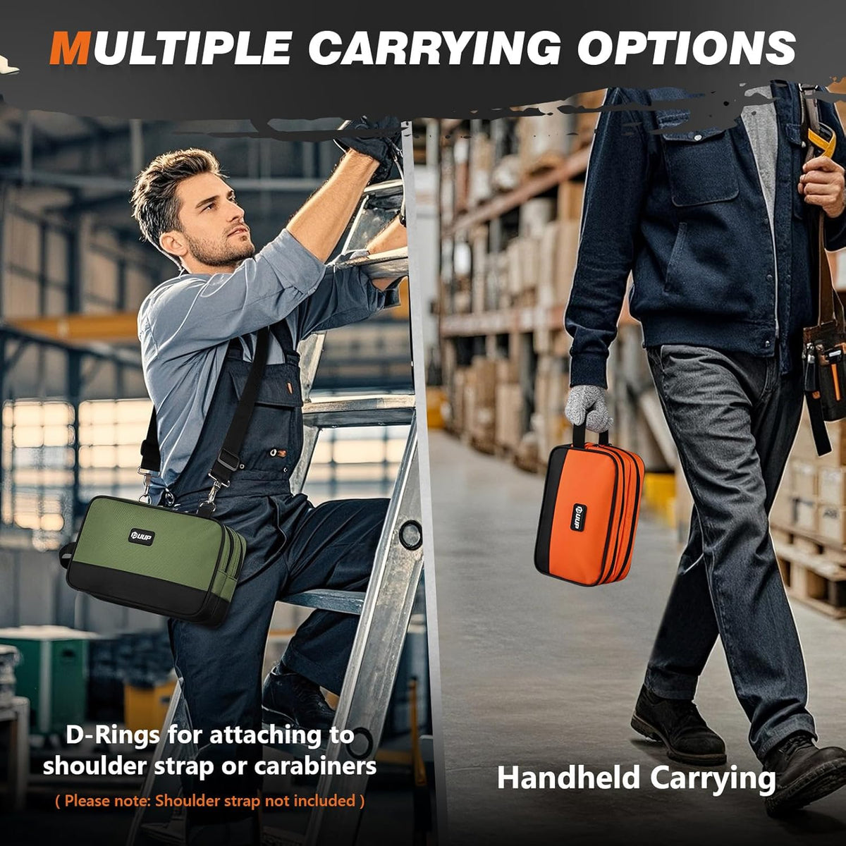 Small Tool Bag 2 Pack, Zipper Tool Pouch Two Compartments, 10 12 inch Utility ToolBag with Carrying Handle, Toolbox Storage Organizer for Electrician Mechanic, Gift for Men Dad, Orange/Green