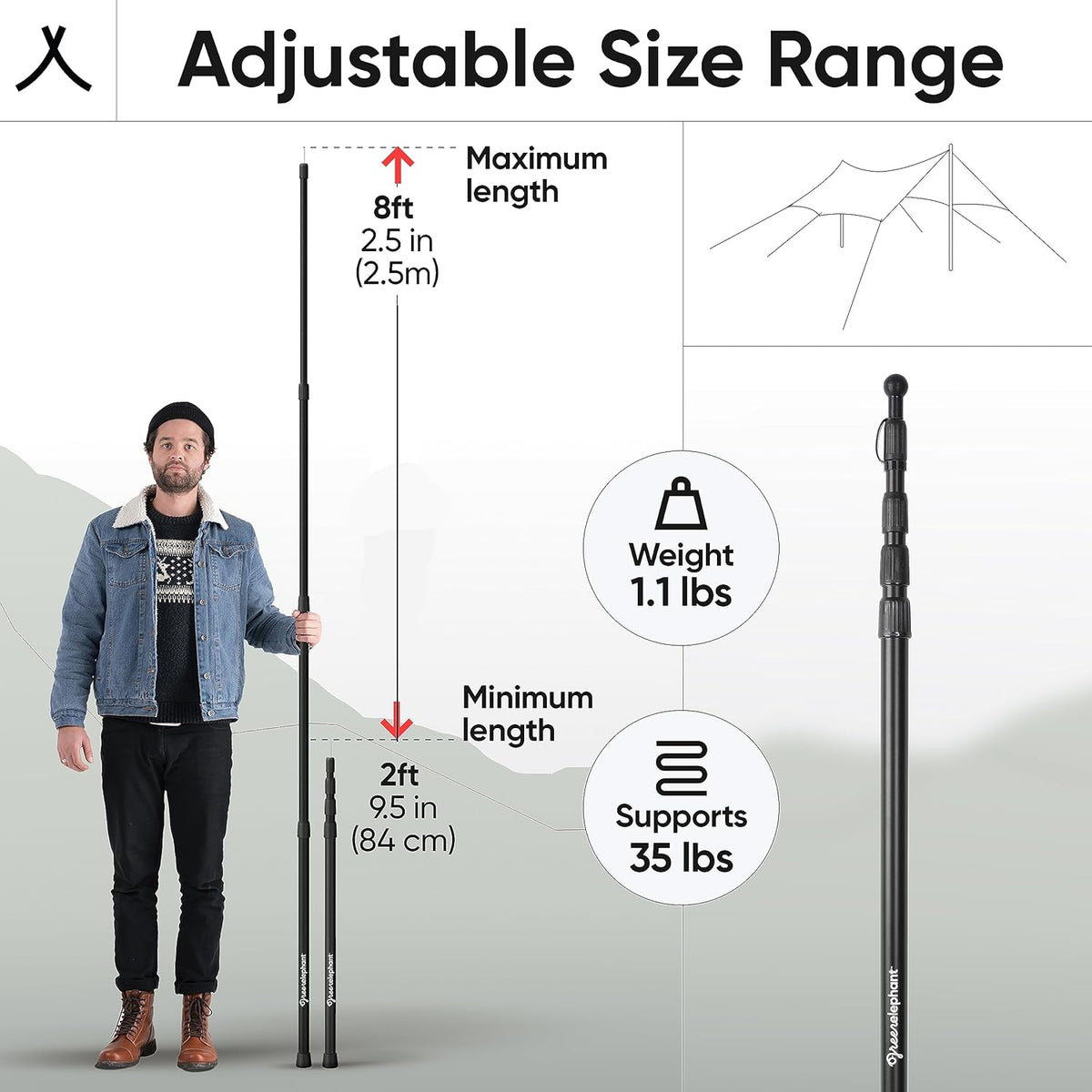 Green Elephant Camping Tarp Poles - Adjustable Aluminum Telescoping Tent Poles for Tarps, Canopy & Awning - Heavy Duty Collapsible Pole Set of 2 - Extends 8ft 2.8 in, Shrinks to 2ft 9.5 in.