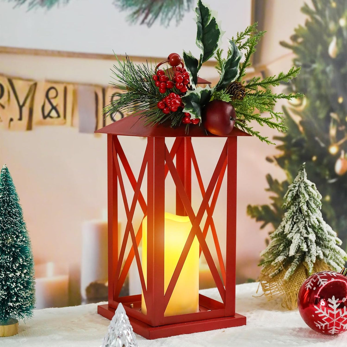 Christmas Decorative Lanterns 2 Pack Outdoor Lantern 13.5" Waterproof Battery Powered LED Hanging Lanterns with Flamessless Candle for Front Porch, Entrance, Indoor, 2 Pack