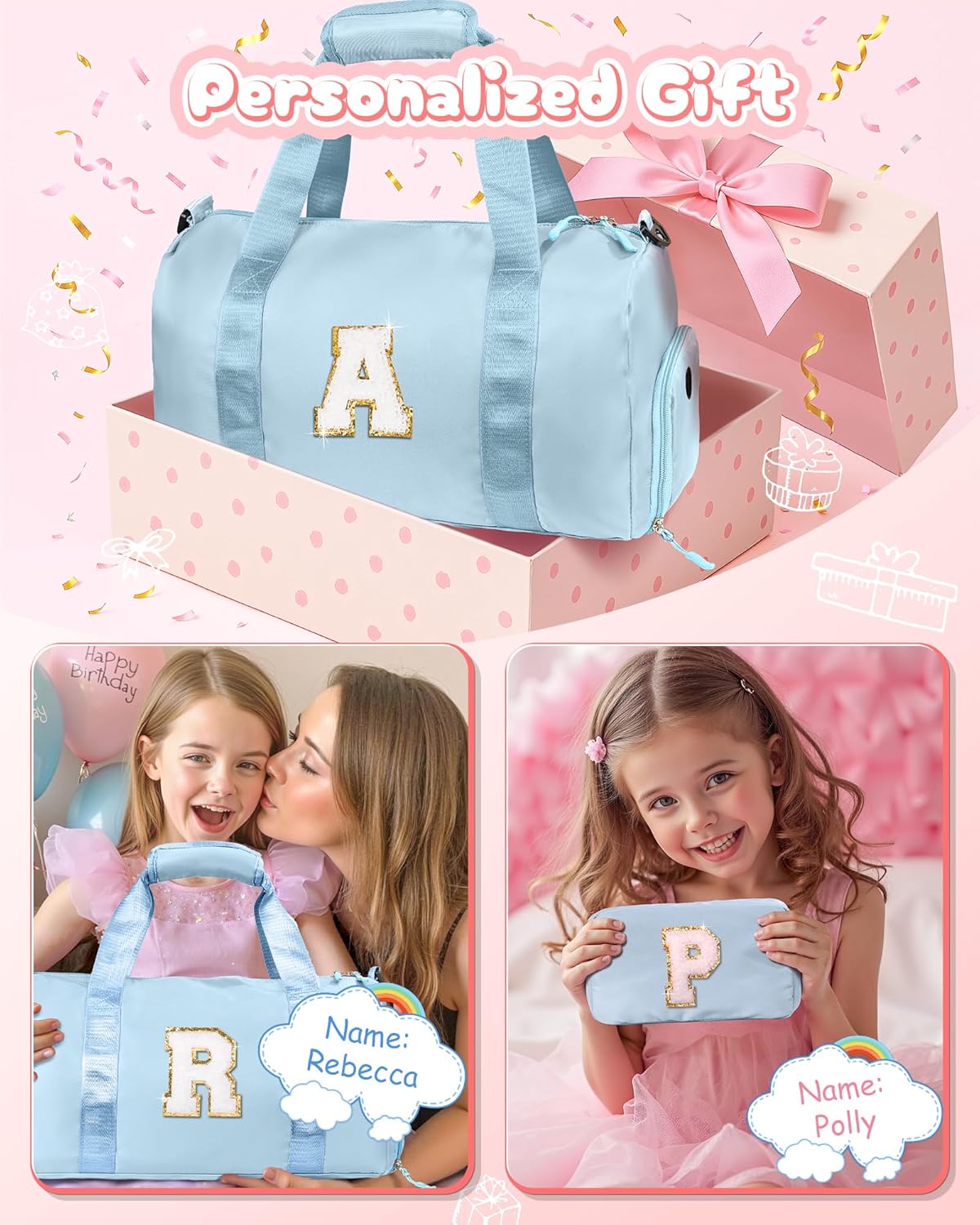 Gifts for Daughter-Girl Gym Bag with Shoe Compartment, Kid Personalized Weekender Overnight Bags, Initial Travel Tote with Makeup Pouch, Gift for Granddaughter Sister Niece (Letter H)