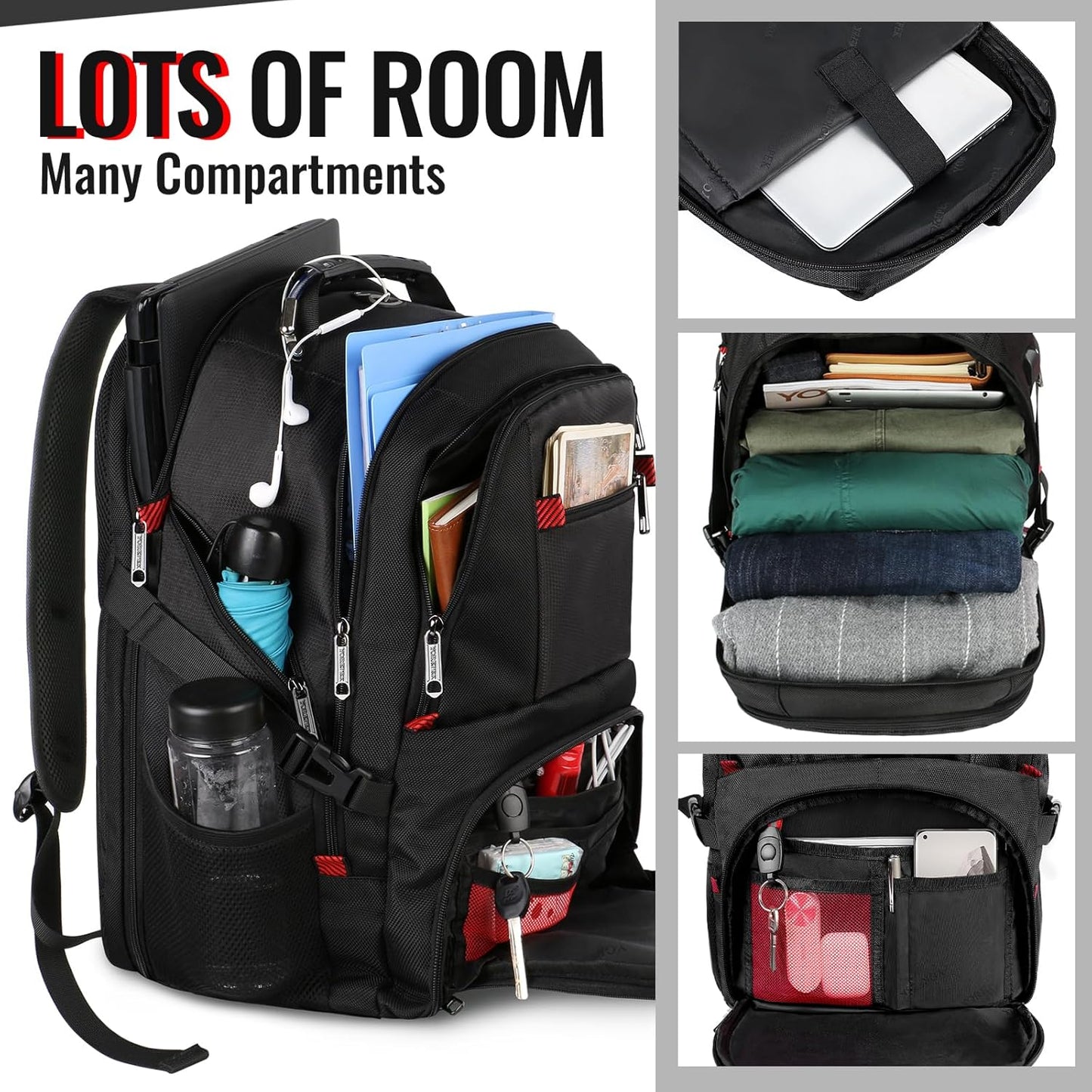 YOREPEK Travel Backpack, 15.6 Inch Laptop Backpacks for Men Women, Water Resistant College Backpack Airline Approved Business Work Bag with USB Charging Port Fits 15.6 Inch Computers, Black