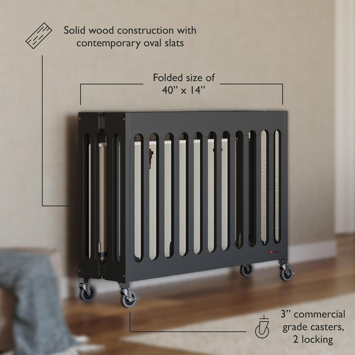 Foundations Boutique Folding Hotel Crib and Sheet Bundle - Includes Wooden Mini Crib with 3" Foam Mattress (Ebony) and 6-Pack White Fitted Compact Sheets