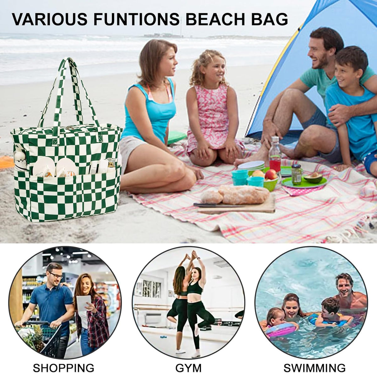 Waterproof Beach Tote Pool Bags for Women Ladies Extra Large Gym Tote Carry On Bag With Wet Compartment for Weekender Travel