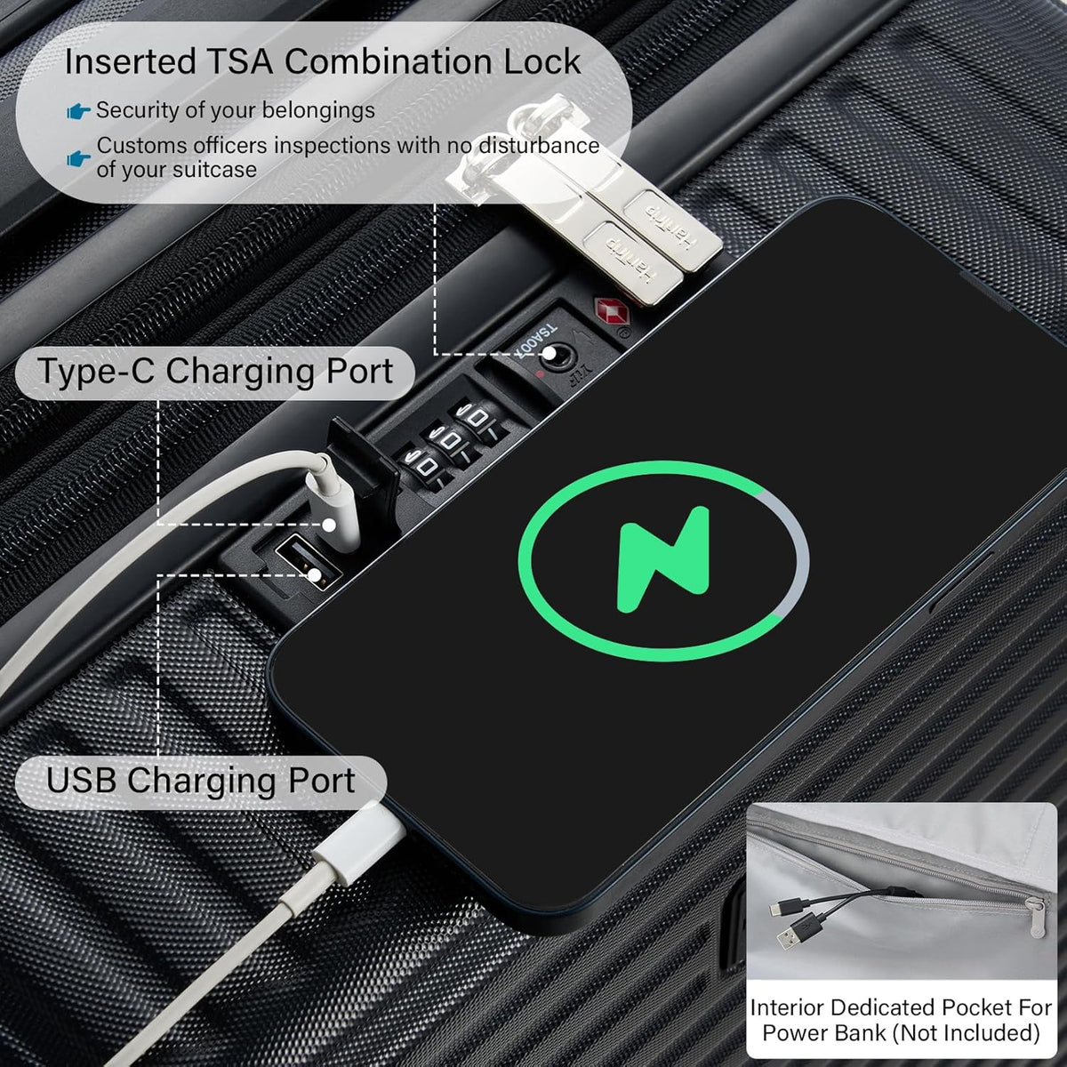Hard Shell Suitcases Expandable Travel Luggage Sets 3 Piece, Carry on and Check in 3 Piece Luggage Suitcase Sets with Spinner Wheels Cup Holder Charger Built in (Black, 20/24/28)