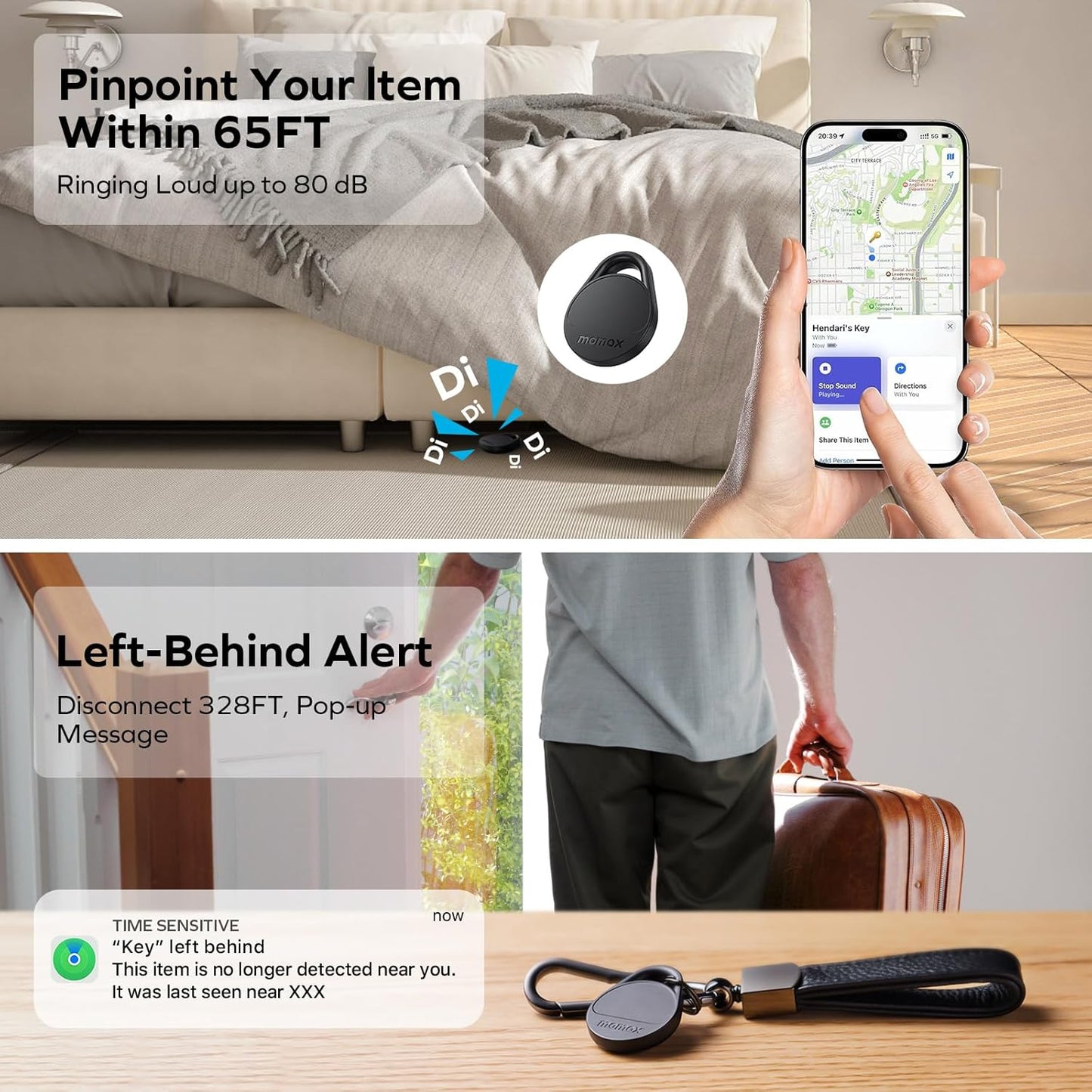 Momax Key Finder Tracker Tag - [Apple MFi Certified] Smart Bluetooth Tracking Device with Find My (iOS Only), Replaceable Battery, DIY Stickers, for Wallets, Luggage, Suitcases, Backpacks, 2 Pack