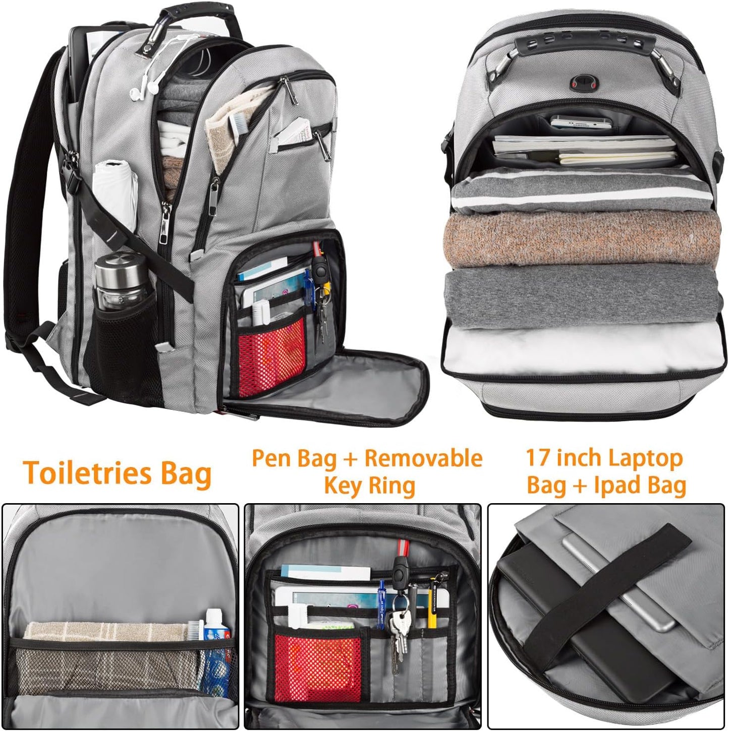 LTINVECK Extra Large 50L Travel Laptop Backpack, Computer bag Backbag with USB Charging Port, TSA Friendly Durable Big RFID Heavy Duty Business Tech Backpack Fits 17 Inch Laptops for Men Women, Grey