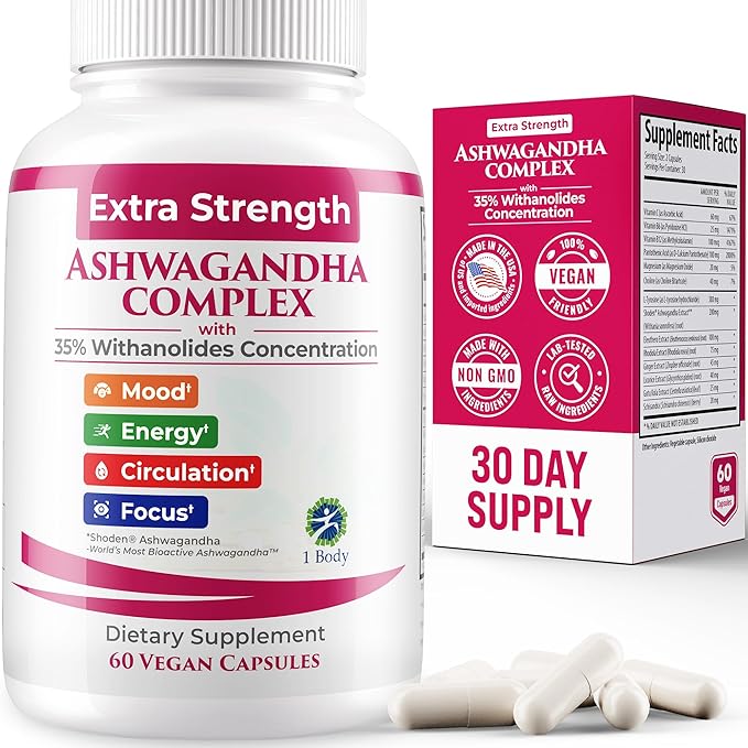 100% Natural Shoden Ashwagandha Complex Supplement - Ultra High Potency 35:1 Concentrated Root Extract for Sleep & Energy Support - Vegan, Non-GMO - 60 Capsules