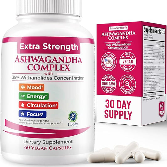 100% Natural Shoden Ashwagandha Complex Supplement - Ultra High Potency 35:1 Concentrated Root Extract for Sleep & Energy Support - Vegan, Non-GMO - 60 Capsules