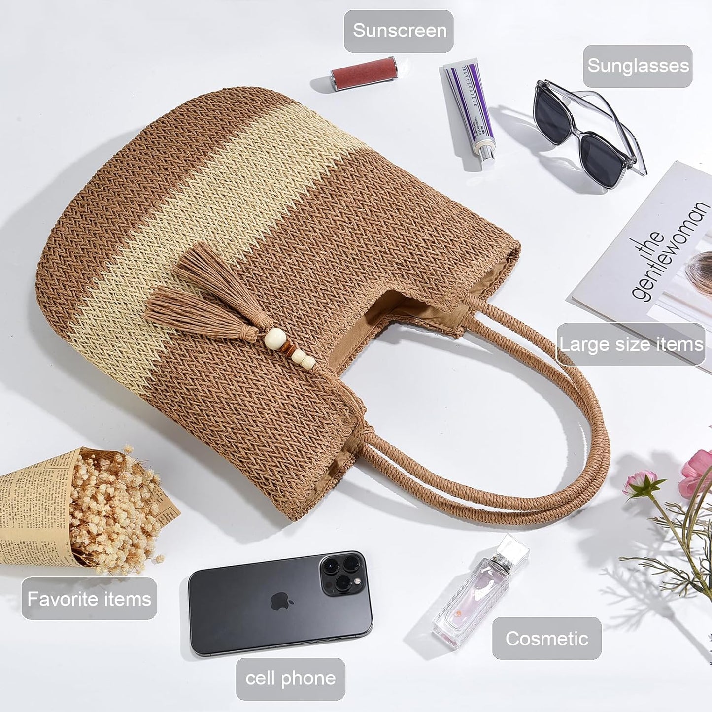Straw Beach Bags for Women Woven Beach Tote Bag Casual Boho Large Shoulder Handbags Purse for Vacation Holiday
