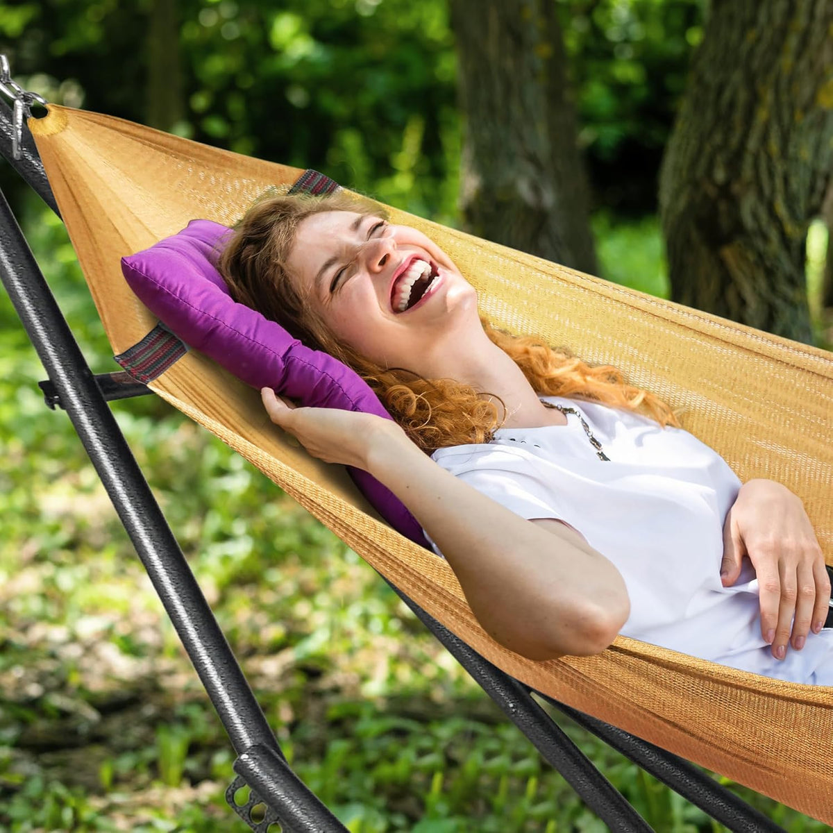 Tranquillo Universal Double Hammock with Stand Included for 2 Persons/Foldable Hammock Stand 600 lbs Capacity Portable Case - Inhouse, Outdoor, Camping, Yellow