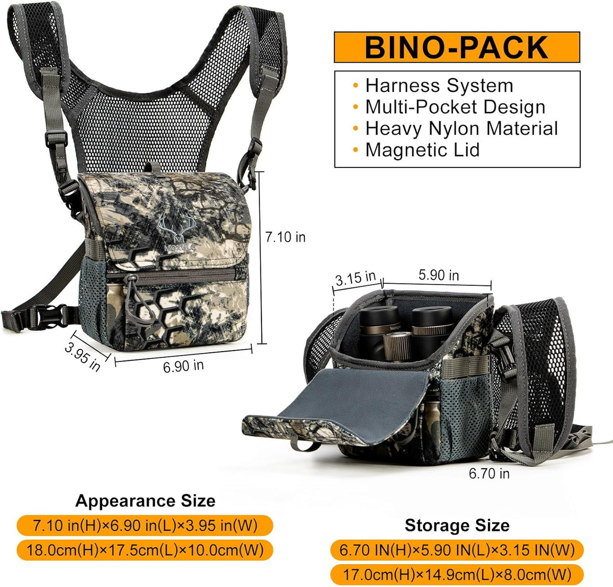 Binocular Harness Chest Pack: Bino Case with Magnetic Lid and Rain Cover for Hunting(Green)