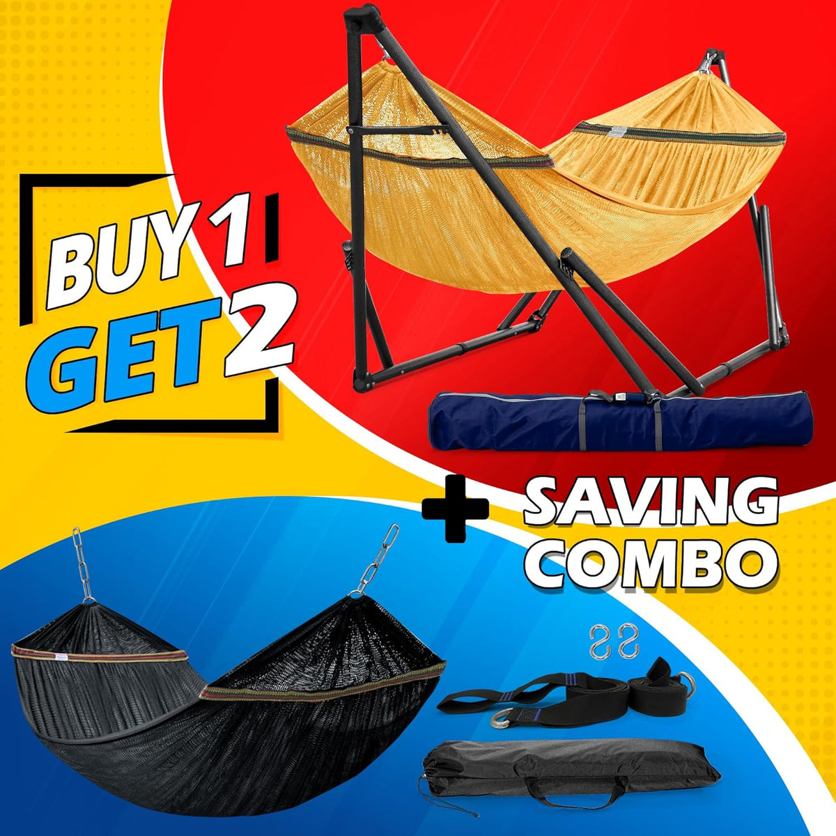 Tranquillo Universal Hammock with Stands Electro Static Coated Steel, Adjustable Foldable Hammock Stand with 2 Layered Polyester Net and Carry Bag for 2 Persons (Combo - Yellow)