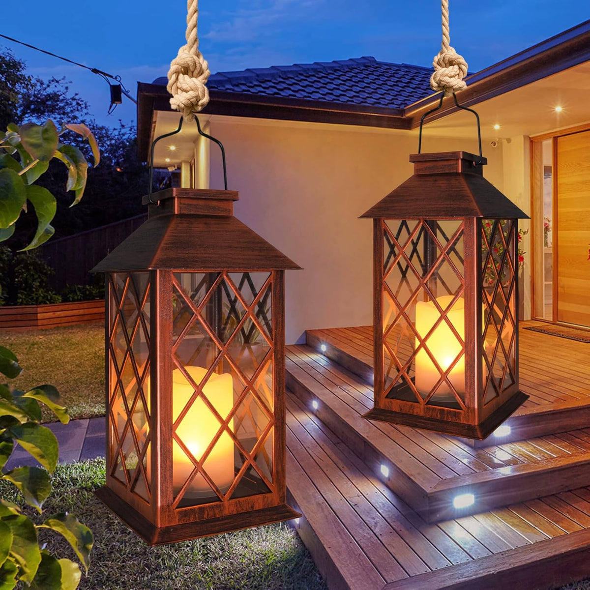 TAKE ME 14" Solar Lanterns Outdoor Garden Hanging Lantern Waterproof LED Flickering Flameless Candle Mission Lights for Table,Outdoor,Party
