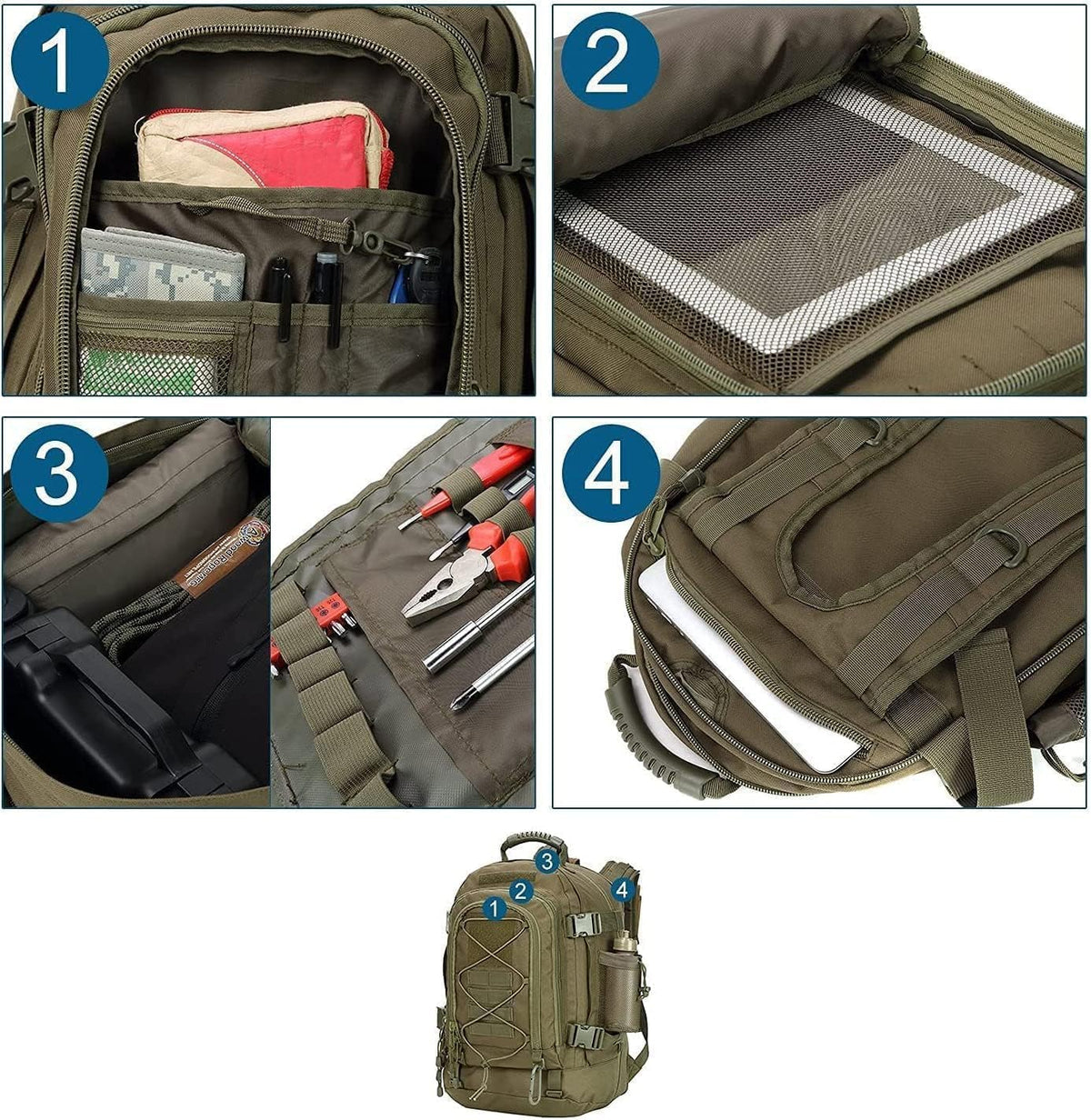 Large Tactical Backpack for Men Military Backpack with DIY System for Travel, Work,Camping,Hunting,Hiking,Sports (GREEN)