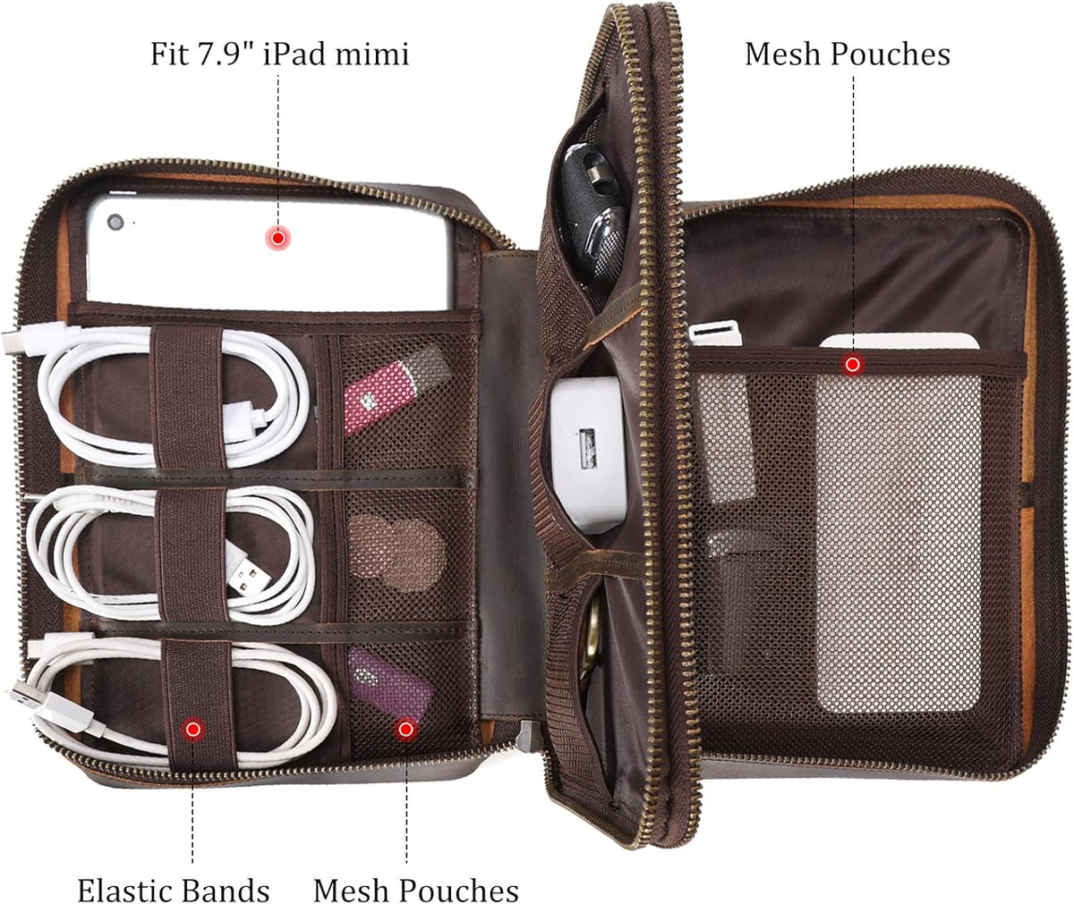 Polare Full Grain Leather Travel Cable Organizer Case Double Layer Electronics Accessories Carry Bag with YKK Zippers Tech Storage Bag for Cables, Power Bank, USB, SD Card