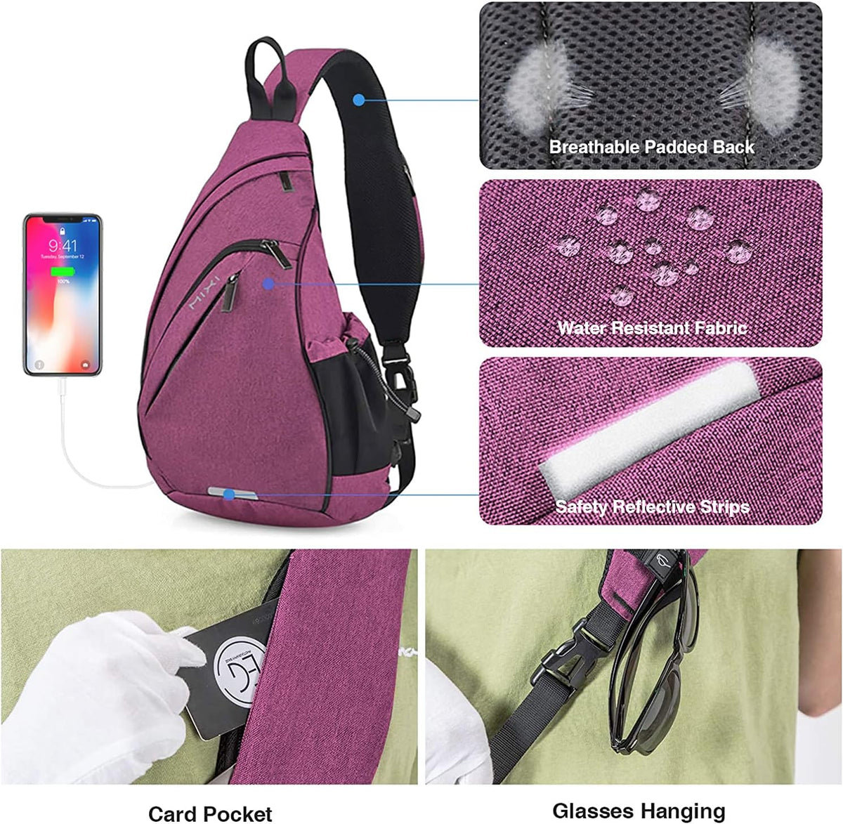 mixi Sling Bag Men Backpack Unisex One Shoulder Bag Hiking Travel Backpack Crossbody with USB Port for Men Women Versatile Casual Daypack-17 inch,Purple