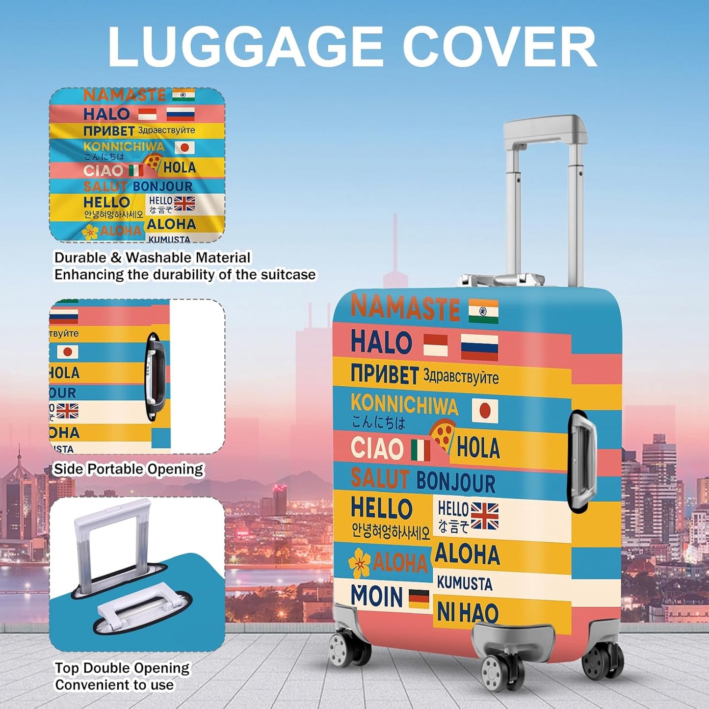 ANNA QUEEN Funny Multilingual Greetings Luggage Cover, Suitcase Protector with Hello in 15+ Languages, Stretchable, Washable Travel Cover for 20-22 Inch Luggage