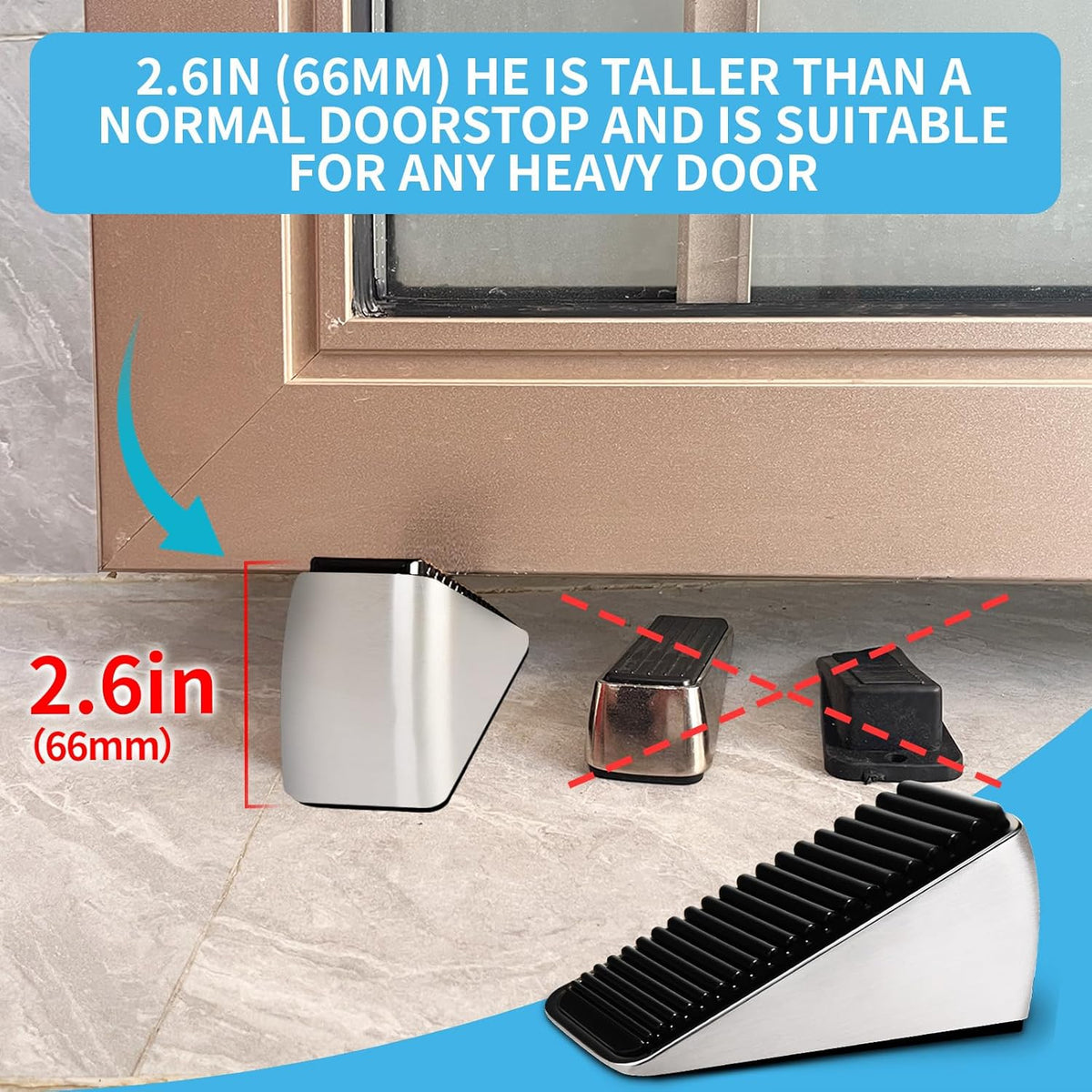 Strongest Large Door Stopper - Heavy Duty Tall Door Stop Wedge Door Stoppers for Bottom of Door, Tall up to 2.6 In Doorstop Zinc Alloy and Silicone Made Suits Any Heavy Door Any Smooth Floor