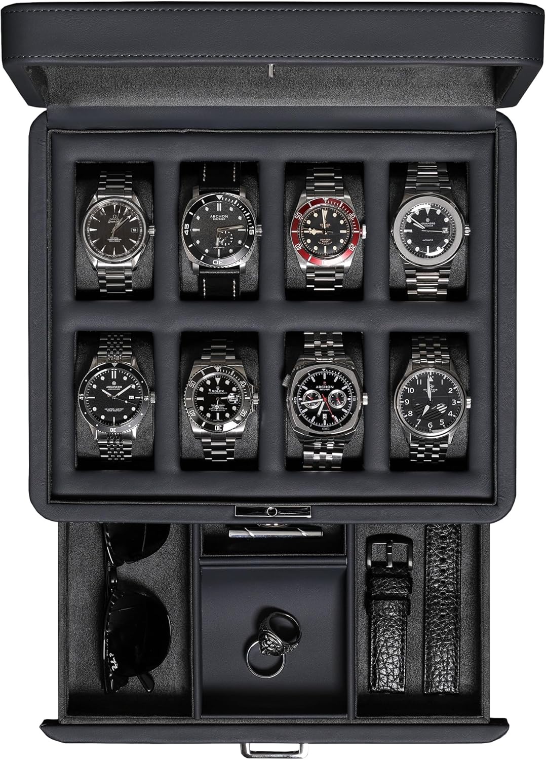 ROTHWELL 8 Slot Leather Watch Box with Valet Drawer - Luxury Case Display Jewelry Organizer, Locking Display Case Holder with Real Glass Top - Watch Box Organizer for Men & Women (Carbon)