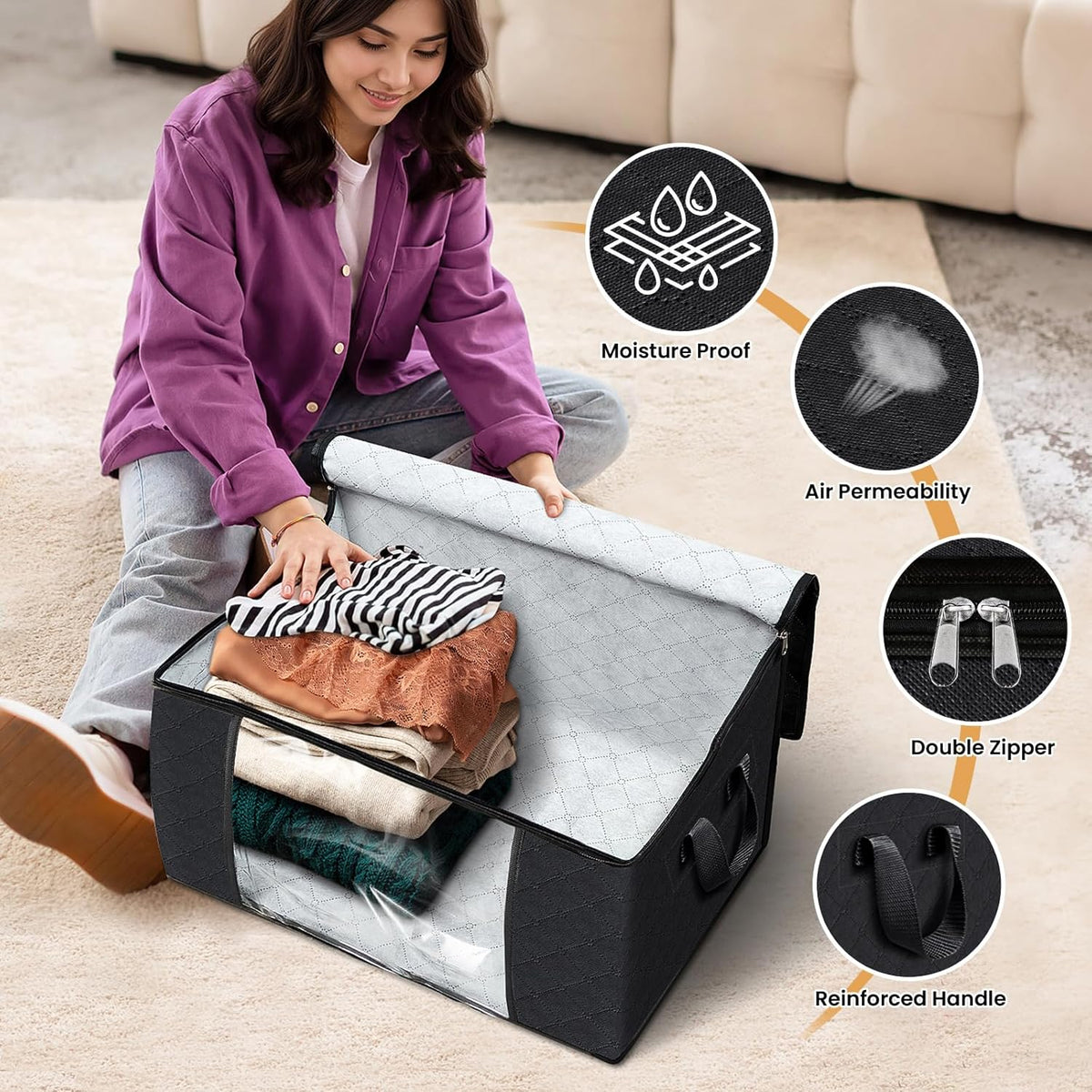 Fab totes 6 Pack Clothes Storage, Foldable Thick Fabric Blanket Storage Bags, Containers for Organizing Bedroom, Closet, Clothing, Comforter,Closet Organization with Handle,Black