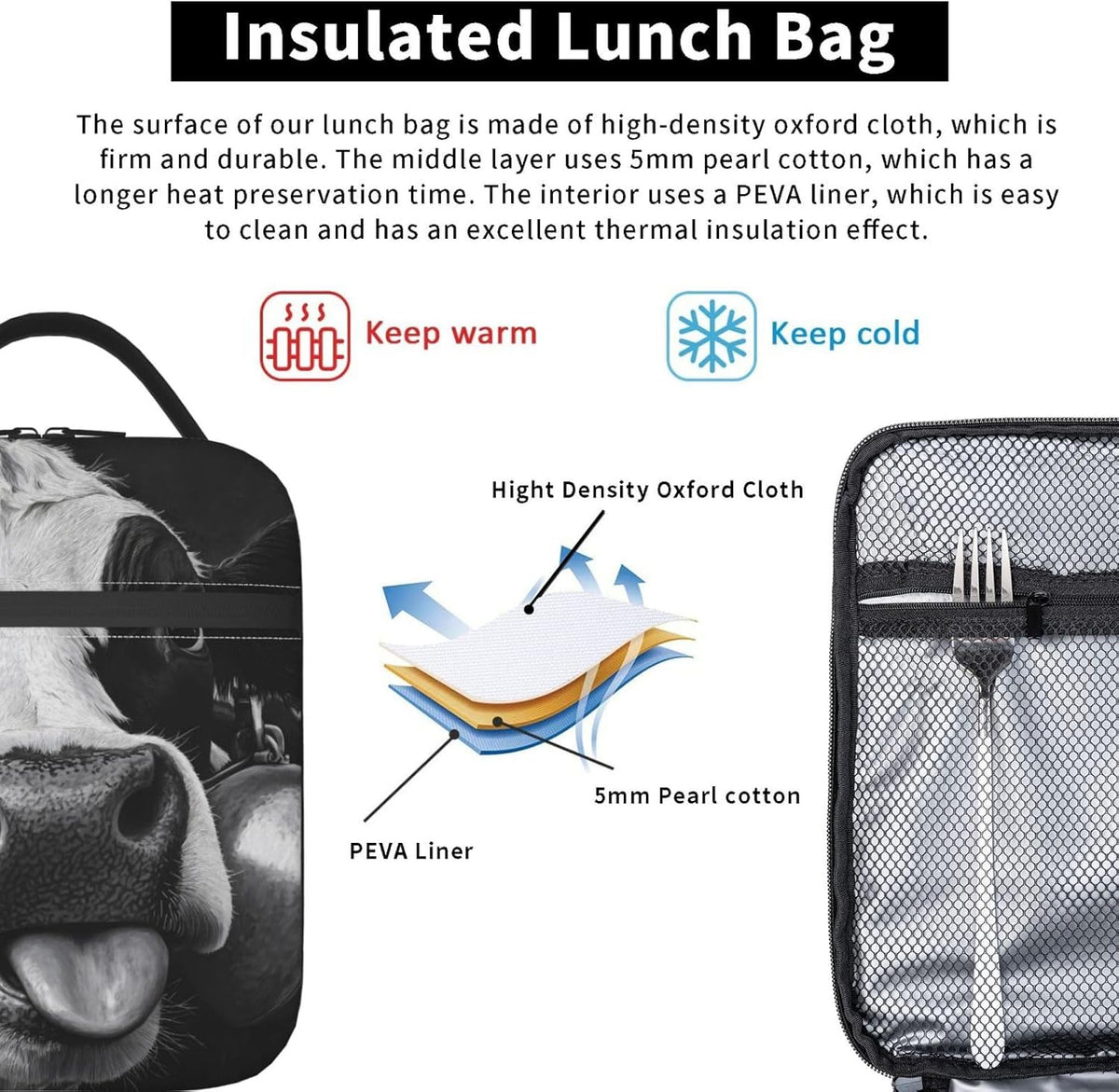 Cow Insulated Lunch Box for Women Men Cow Lunch Bag for Travel,or Fishing Polyester
