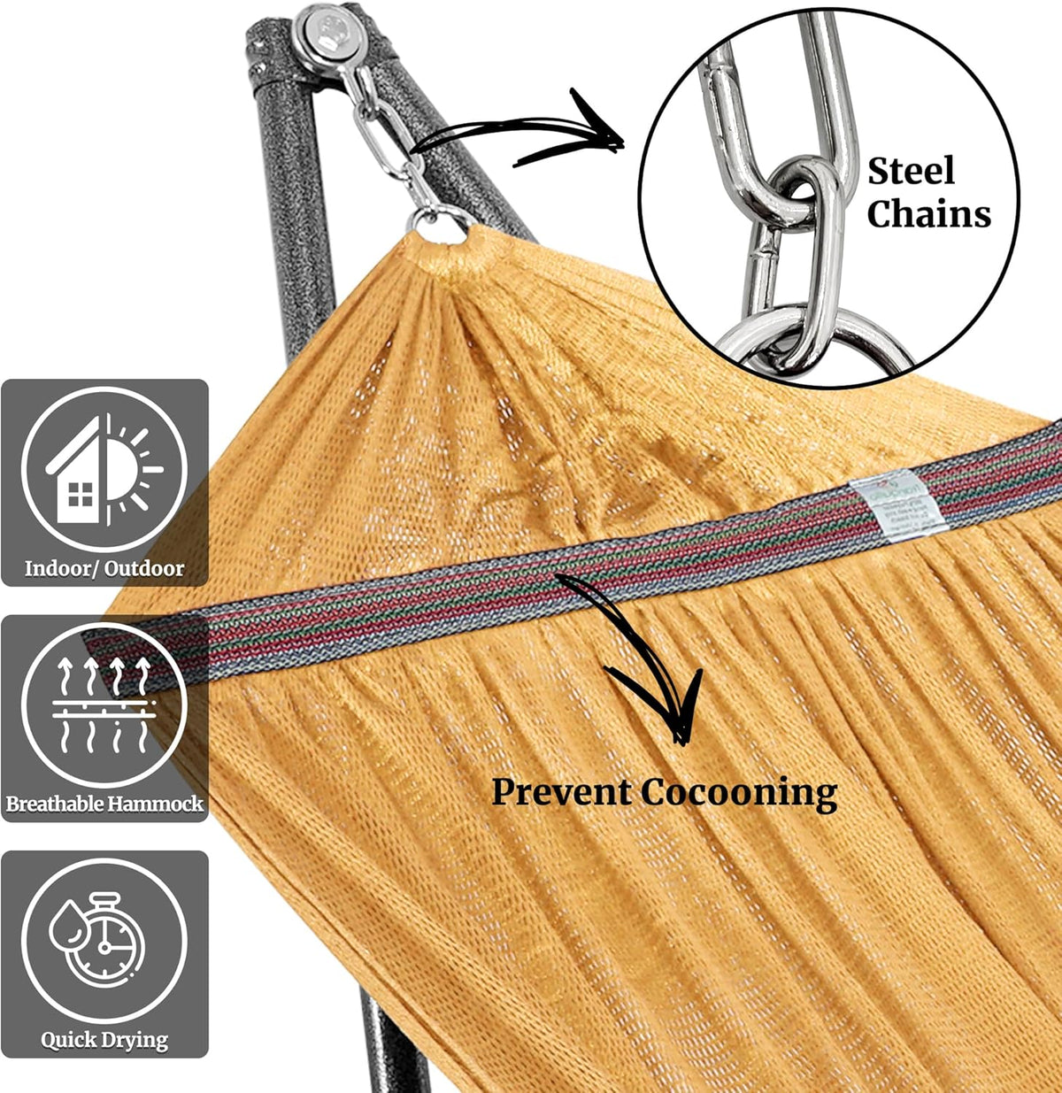 Tranquillo Universal Double Hammock with Stand Included for 2 Persons/Foldable Hammock Stand 600 lbs Capacity Portable Case - Inhouse, Outdoor, Camping, Yellow