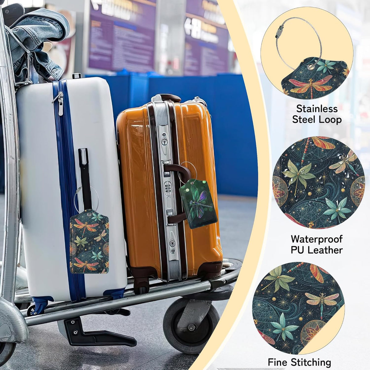 3 PCS Dragonfly Luggage Tags,Fantasy Dragonfly Suitcase Tags Privacy Cover ID Label with Stainless Steel Loop and Address Card for Travel Bag Suitcase