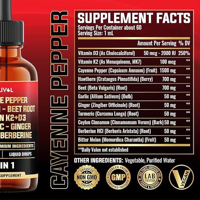 11in1 Cayenne Pepper Liquid Drops with Hawthorn Berry, Vitamin D3 K2, Beet Root, Garlic, Ginger, Ceylon Cinnamon, Turmeric, Berberine and Bitter Melon - 60 Days Supply - 2Fl Oz