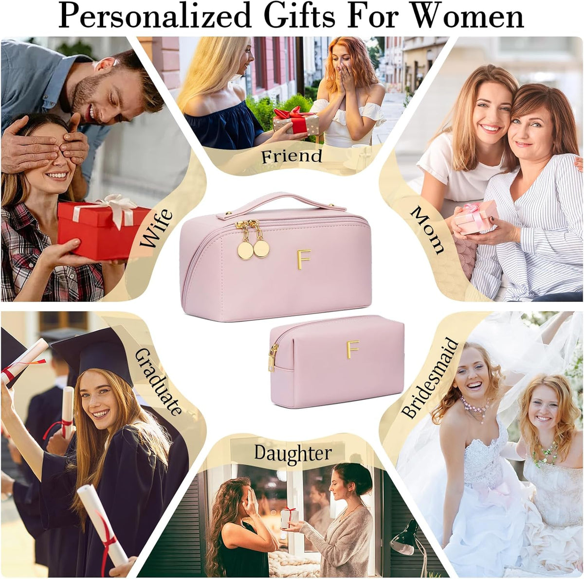 Birthday Gifts for Women Teen Girl, Personalized Initial Makeup Organizer Bag Set, Open Flat Travel Cosmetic Bag With Clear Divider and Handle(Pink,F)