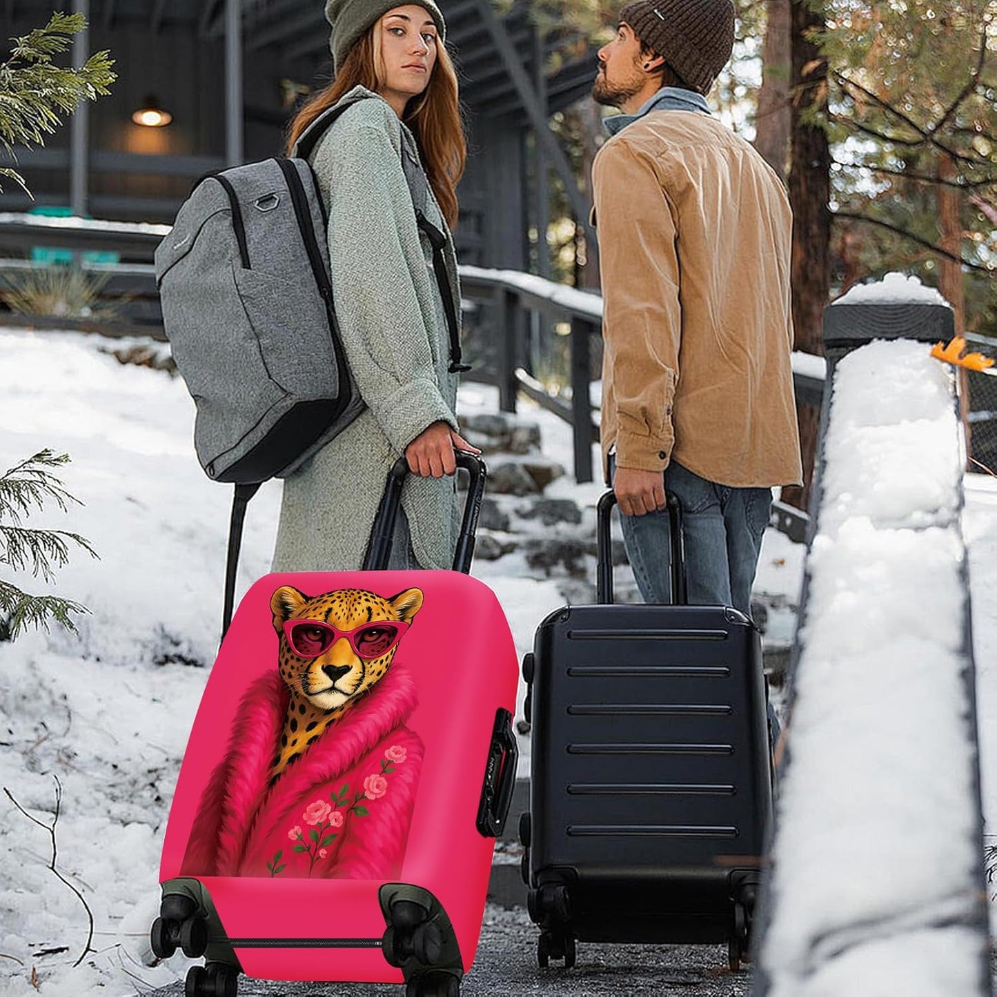 ANNA QUEEN Fashionable Leopard Luggage Cover, Leopard in Pink Coat and Sunglasses, Stretchable, Washable Travel Sleeve for 20-22 Inch Luggage