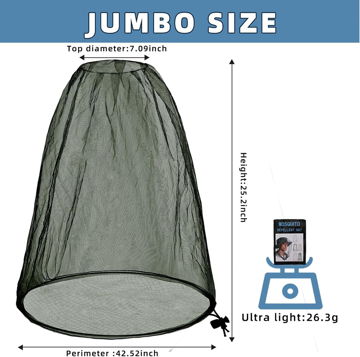 Oversized Mosquito Net 42 x 25 Inches Ultra Large Mosquito Head Net Face Neck Fly Mesh Netting Fits All Hats for Outdoor Camping Hiking Fishing Gardening Safari(Army Green)