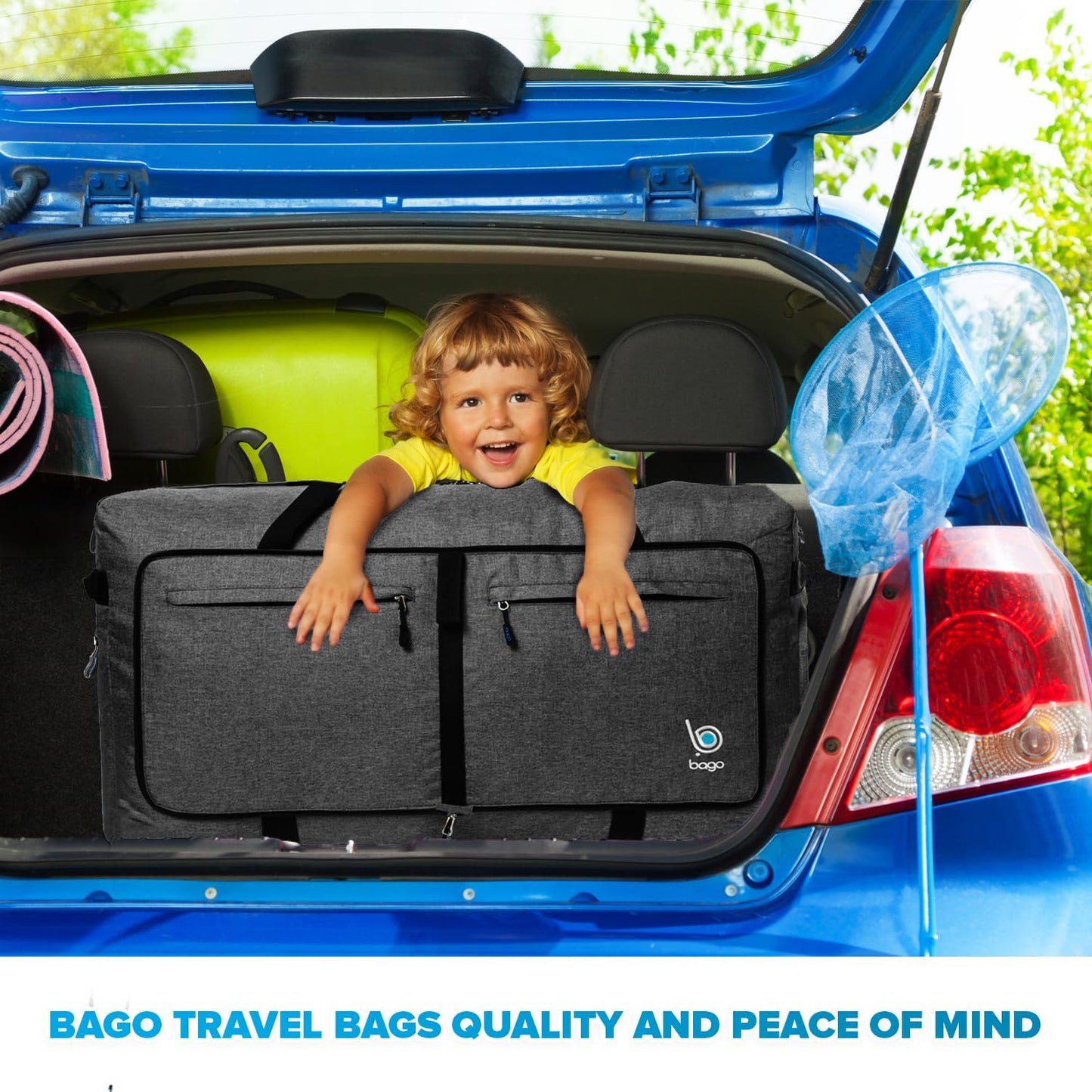 Bago Big XXL Foldable Duffel Bags for Traveling Women & Men - 140L Packable Duffle Bag for Travel with Shoe Compartment - Water Repellant, Heavy Duty, Lightweight Folding & Collapsible (SnowBlack)