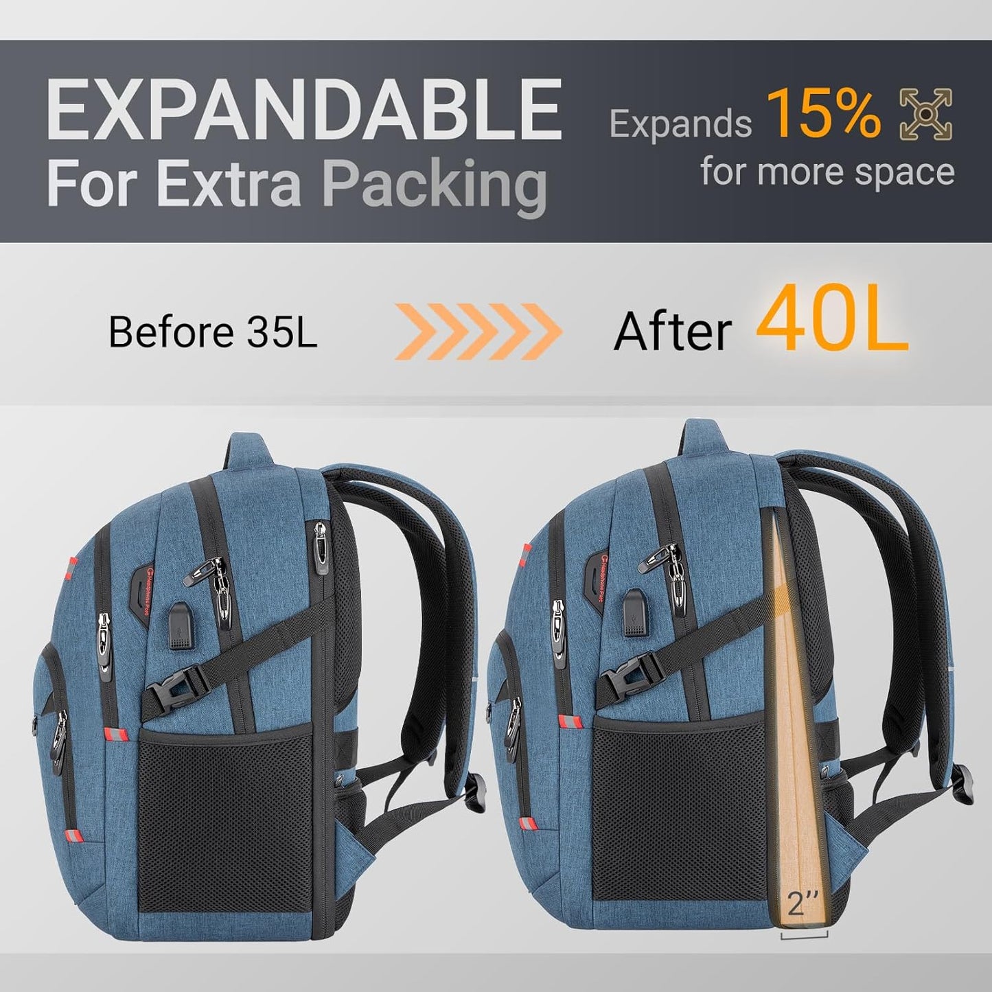 40L Expandable Laptop Backpack, Anti-thief Travel Backpack with USB Charging Port, Airline Approved Business Waterproof Carry on Luggage, Fits 15.6" Laptop for Men Women